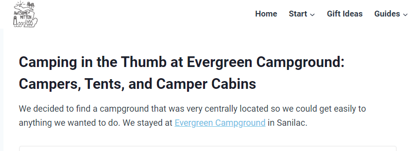 Screenshot of Awesome Mitten Article on their stay at Evergreen Park